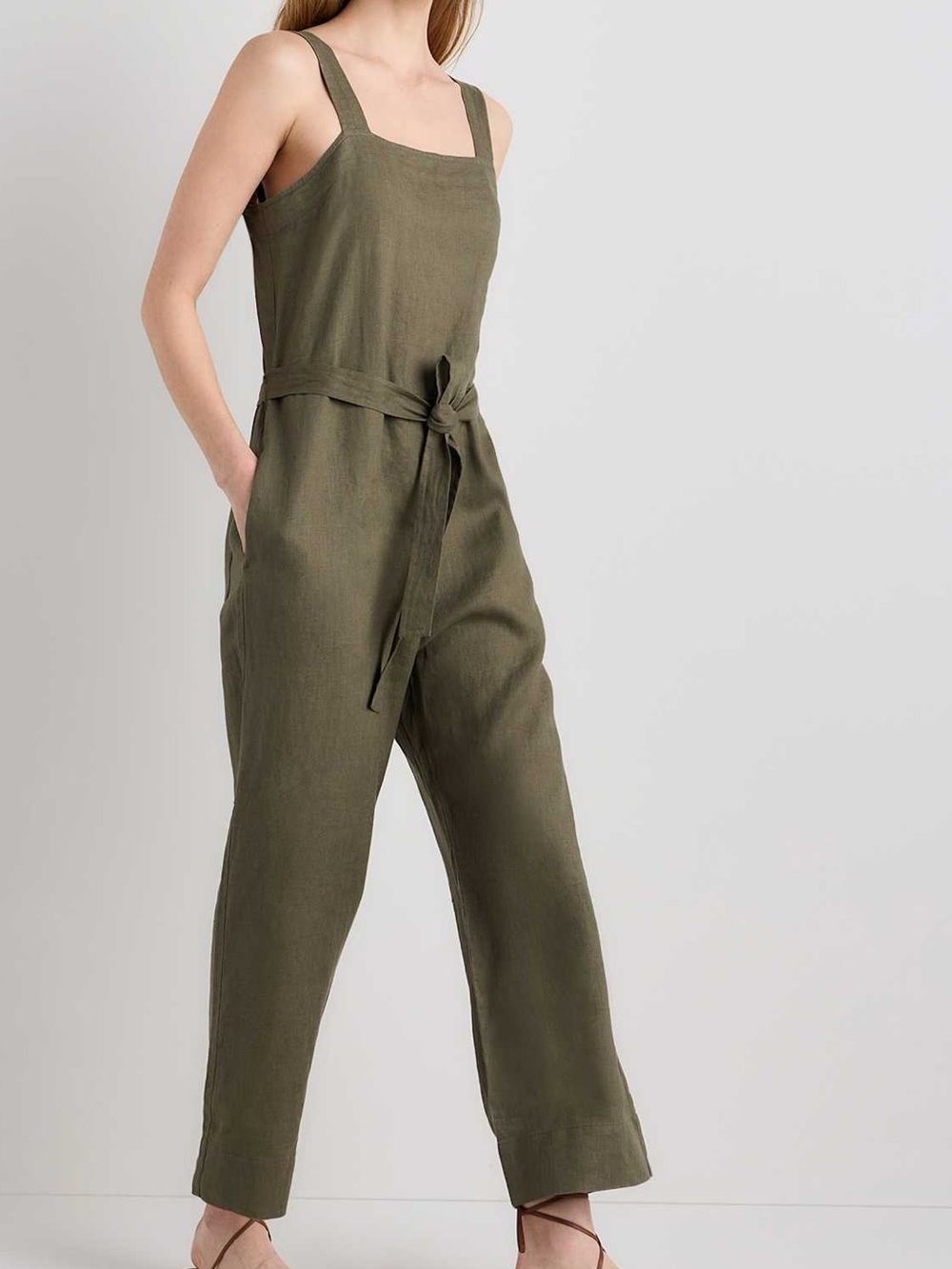 Quince women size L 100% European Linen Square Neck Jumpsuit in green